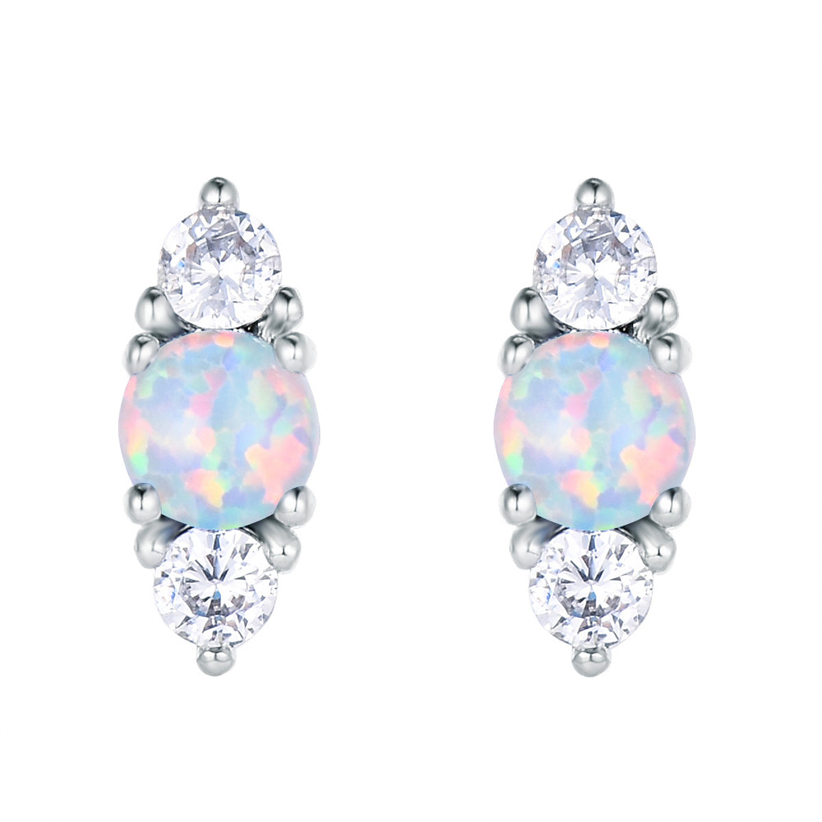 Opal & Cubic Zirconia Silver-Plated Stacked Round-Cut Stud Earrings