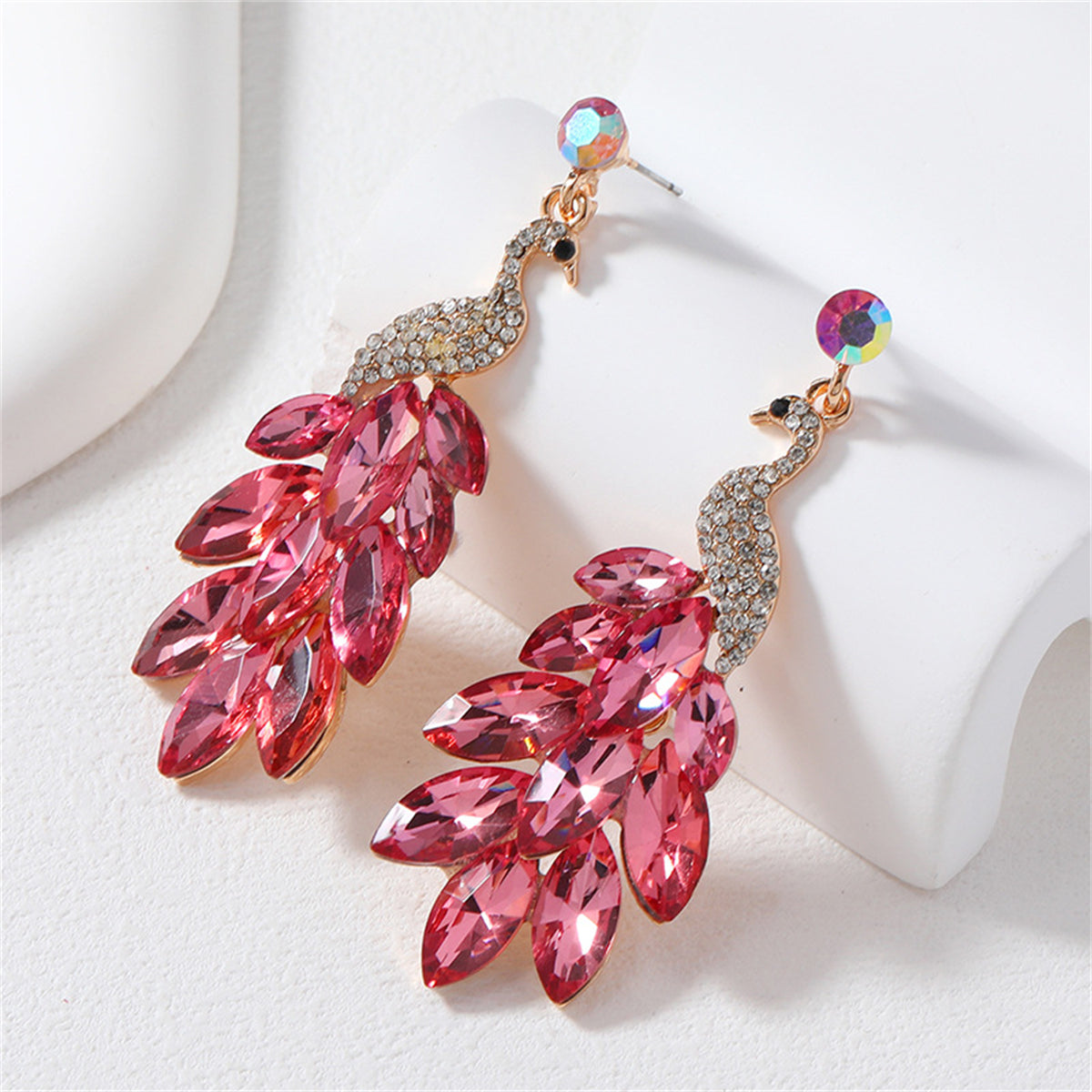 Dark Pink Crystal & Cubic Zirconia Peacock Drop Earrings