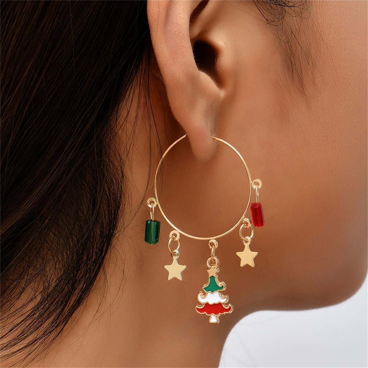 Red Enamel & 18K Gold-Plated Star & Tree Hoop Earrings