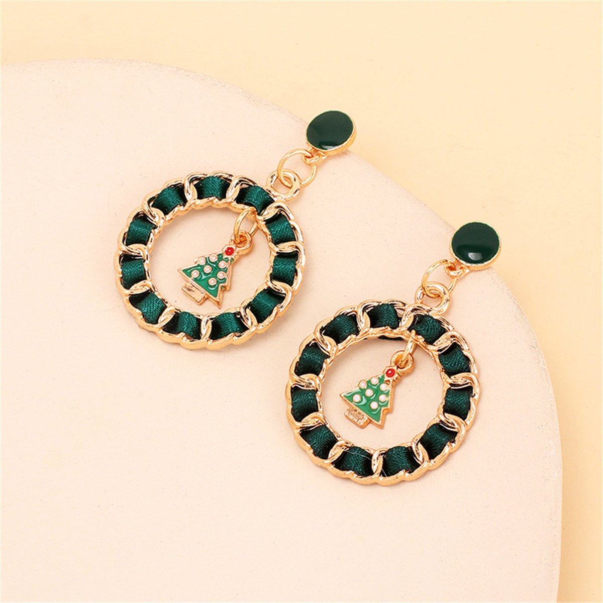 Black Ribbon & Enamel 18K Gold-Plated Christmas Tree Figaro Drop Earrings