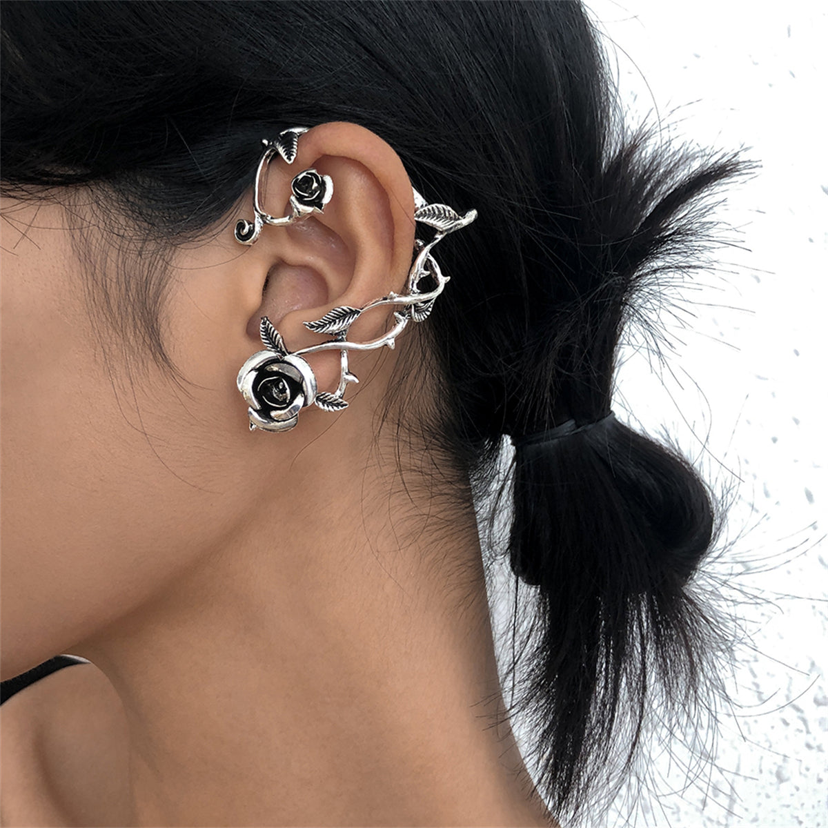 Black Enamel & Silver-Plated Rose Ear Cuff