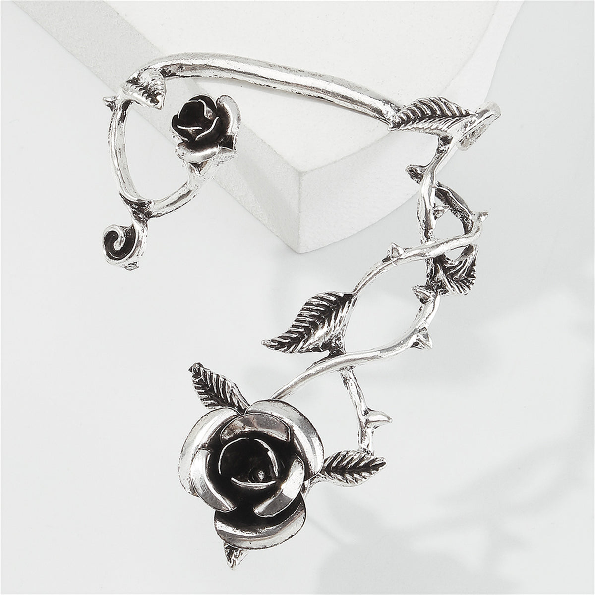 Black Enamel & Silver-Plated Rose Ear Cuff