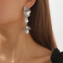 Pearl & Silver-Plated Botanical Drop Earrings