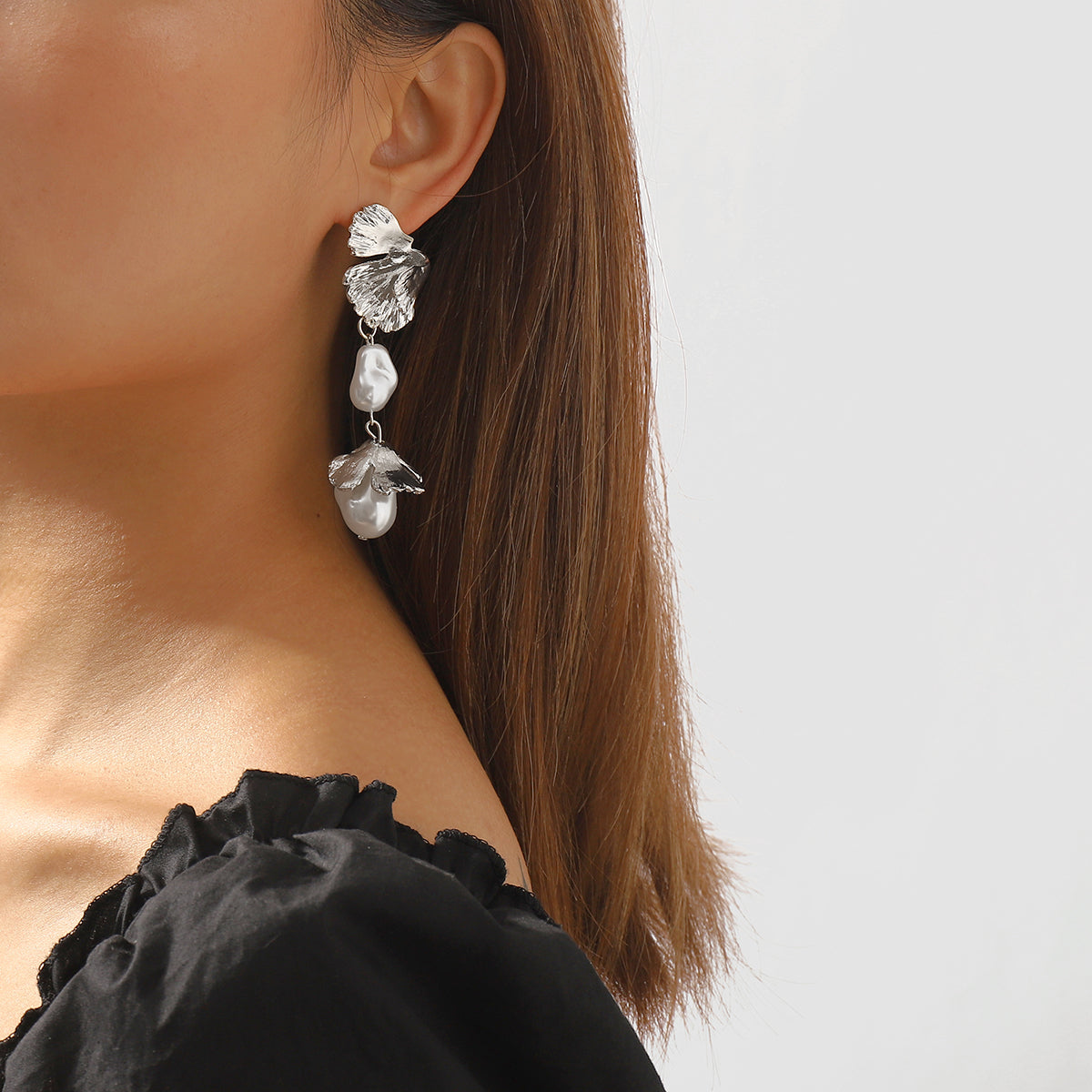 Pearl & Silver-Plated Botanical Drop Earrings