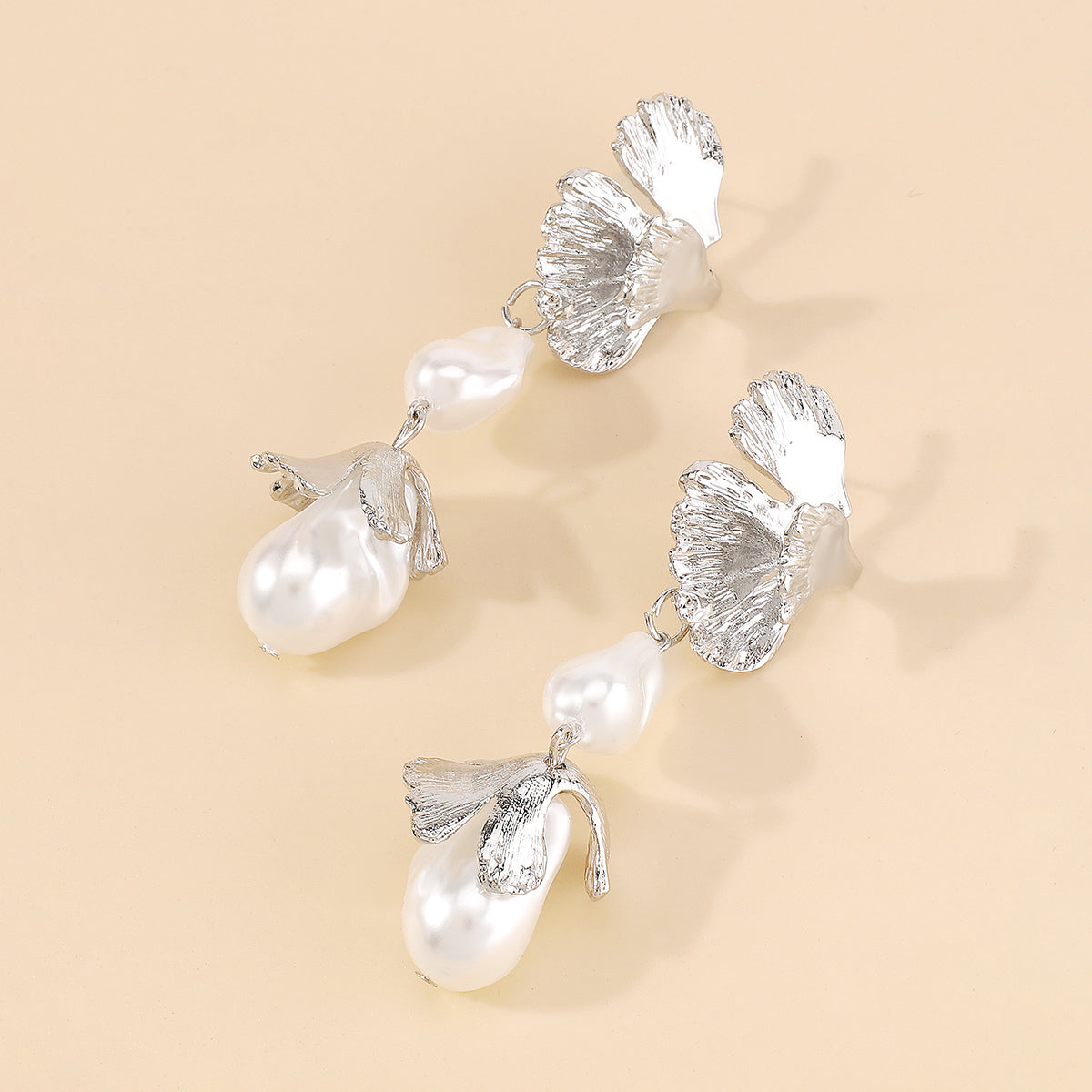 Pearl & Silver-Plated Botanical Drop Earrings