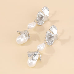 Pearl & Silver-Plated Botanical Drop Earrings