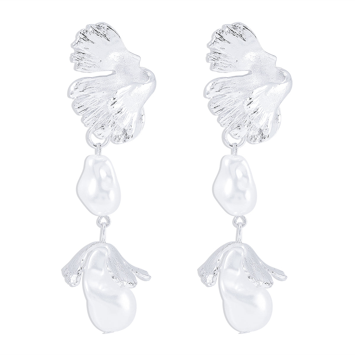 Pearl & Silver-Plated Botanical Drop Earrings