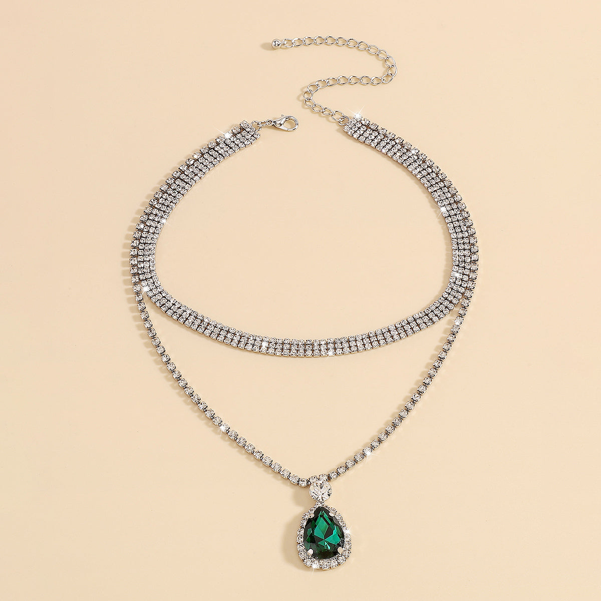 Cubic Zirconia & Green Crystal Silver-Plated Layered Pendant Necklace