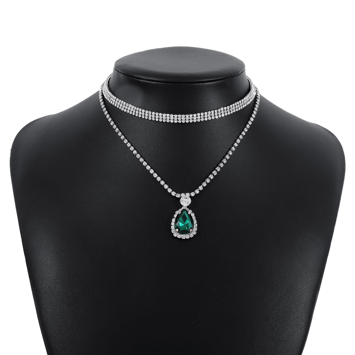 Cubic Zirconia & Green Crystal Silver-Plated Layered Pendant Necklace