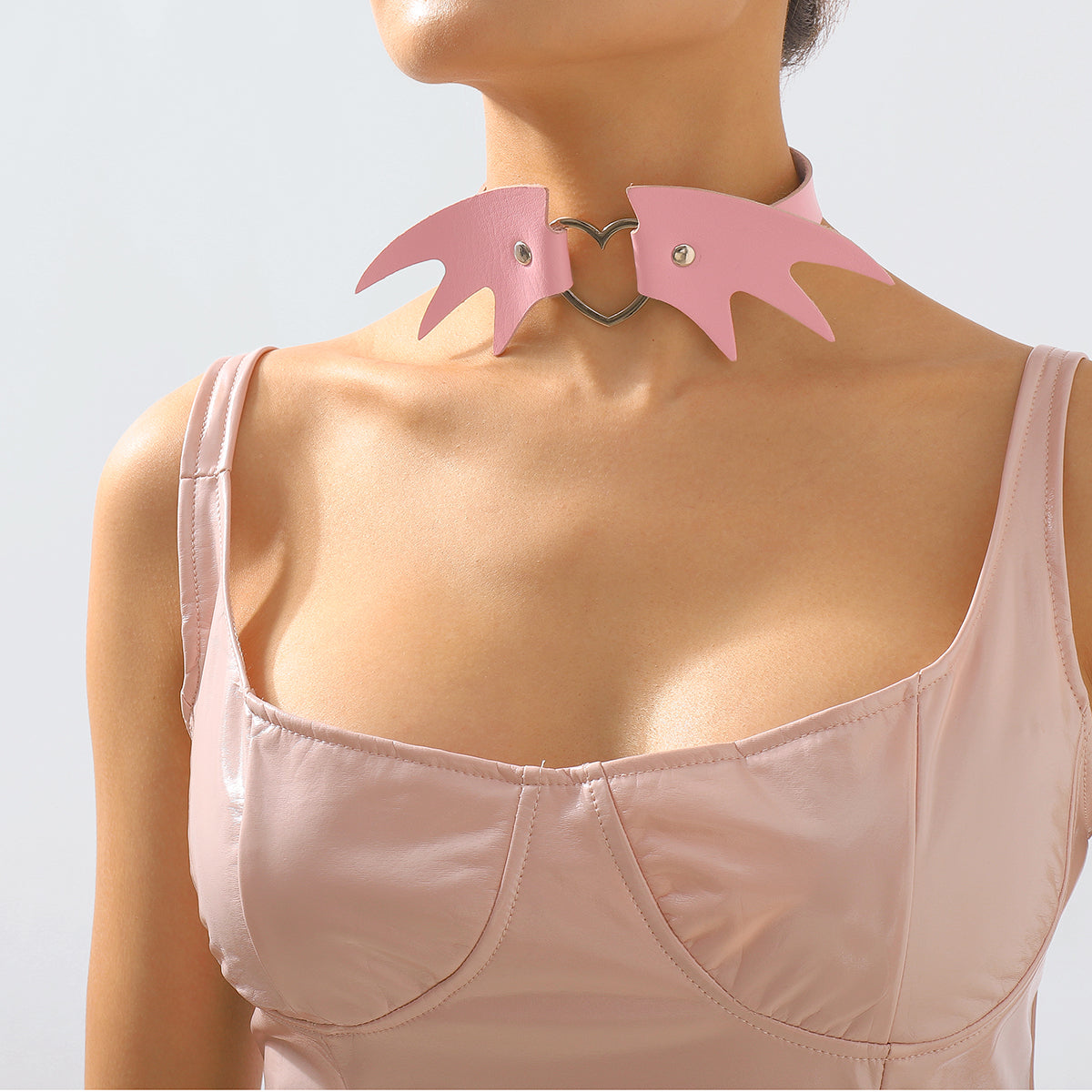 Pink Polystyrene & Silver-Plated Bat Wing Heart Choker Necklace