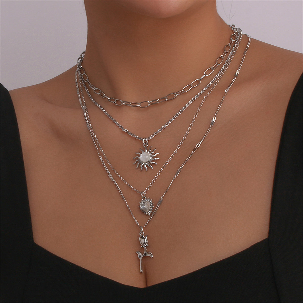 White Crystal & Cubic Zirconia Heart Pendant Layered Chain Necklace