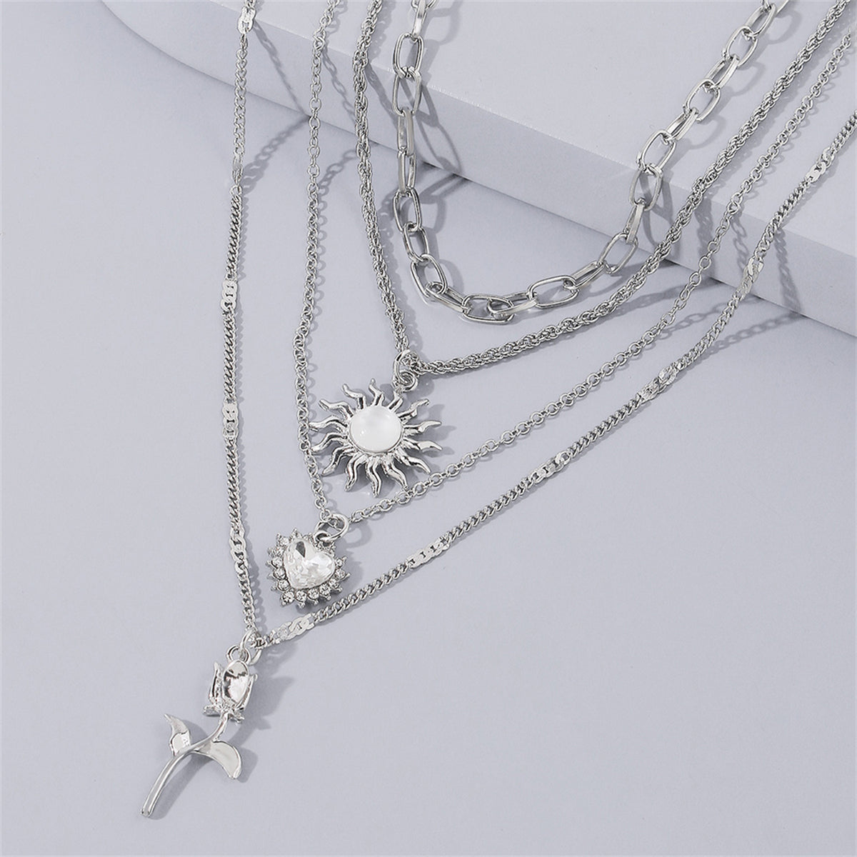 White Crystal & Cubic Zirconia Heart Pendant Layered Chain Necklace