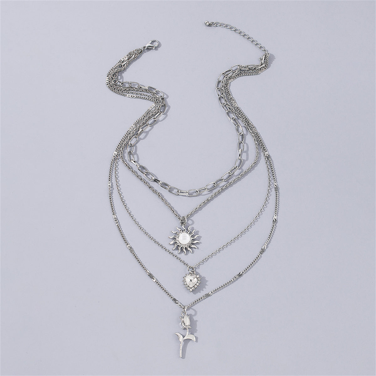 White Crystal & Cubic Zirconia Heart Pendant Layered Chain Necklace