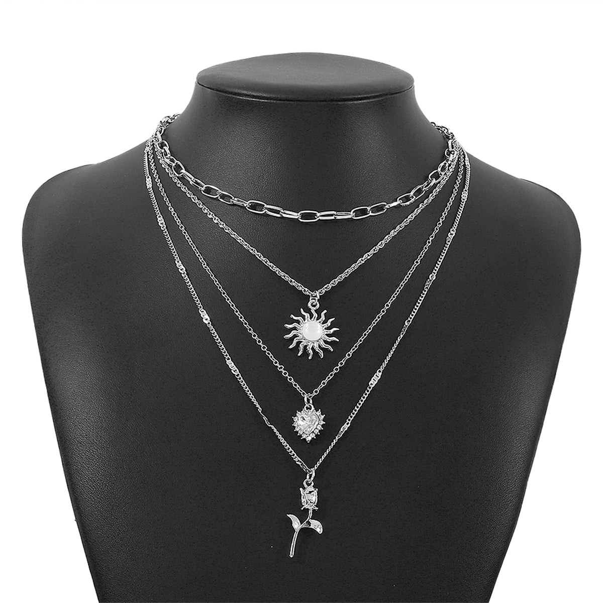 White Crystal & Cubic Zirconia Heart Pendant Layered Chain Necklace