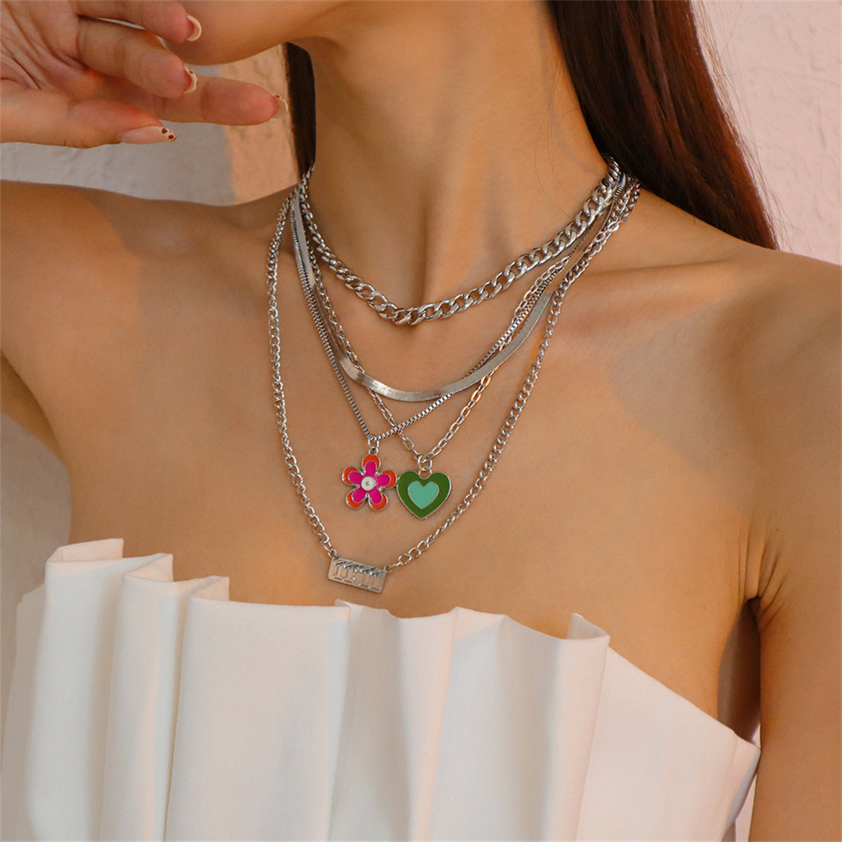 Enamel & Silver-Plated Heart Flower Pendant Chain Necklace Set