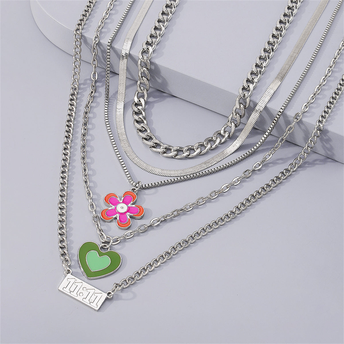 Enamel & Silver-Plated Heart Flower Pendant Chain Necklace Set