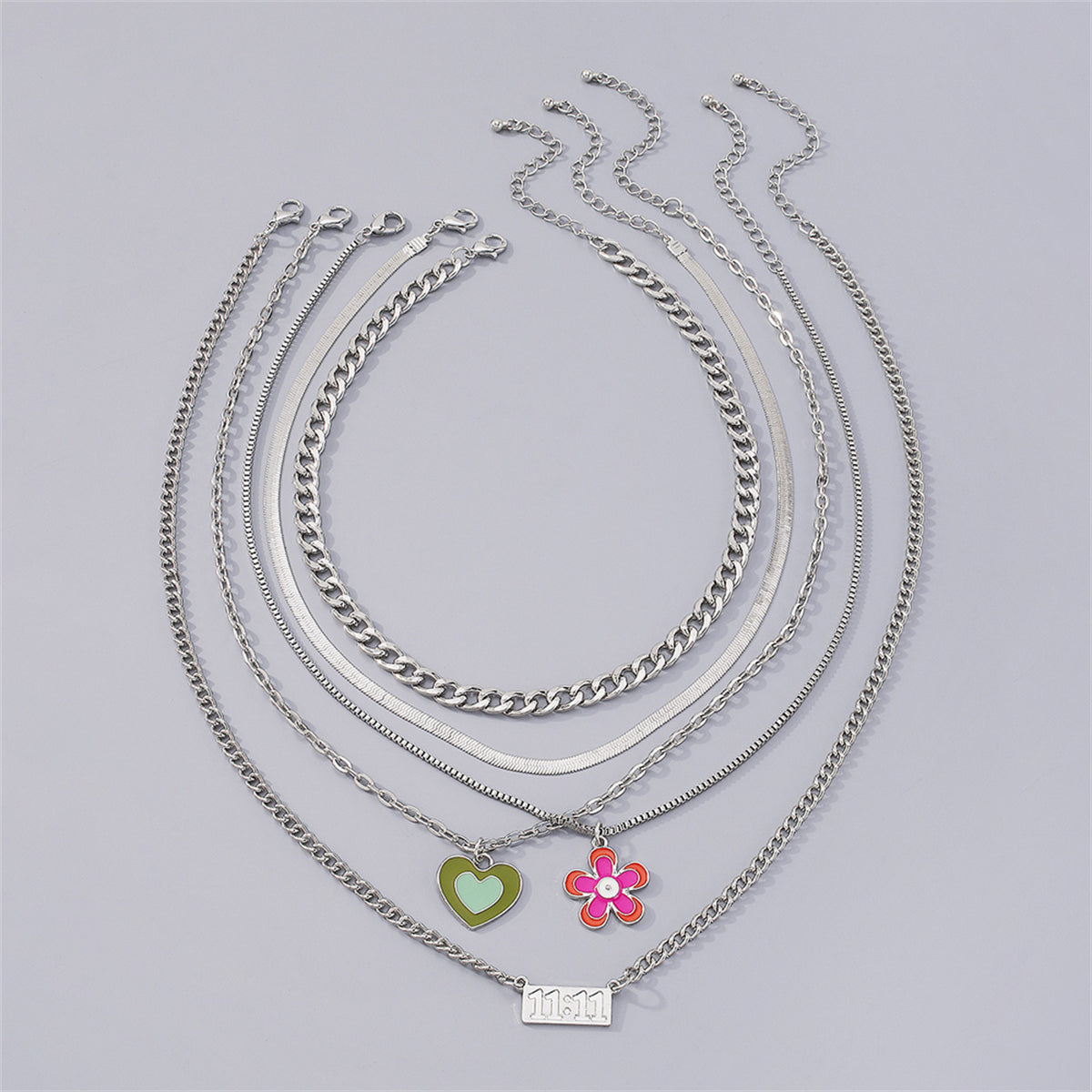 Enamel & Silver-Plated Heart Flower Pendant Chain Necklace Set