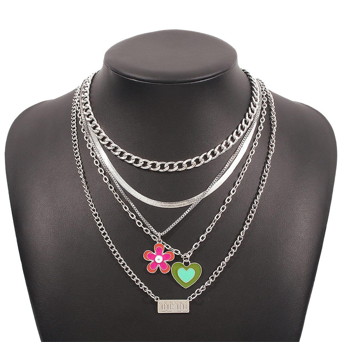 Enamel & Silver-Plated Heart Flower Pendant Chain Necklace Set