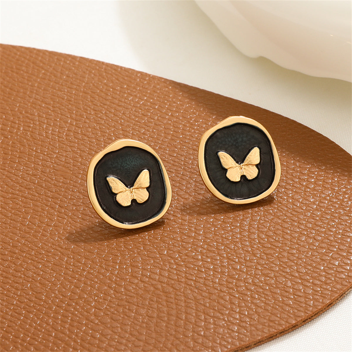 Black Enamel & 18K Gold-Plated Butterfly Stud Earrings