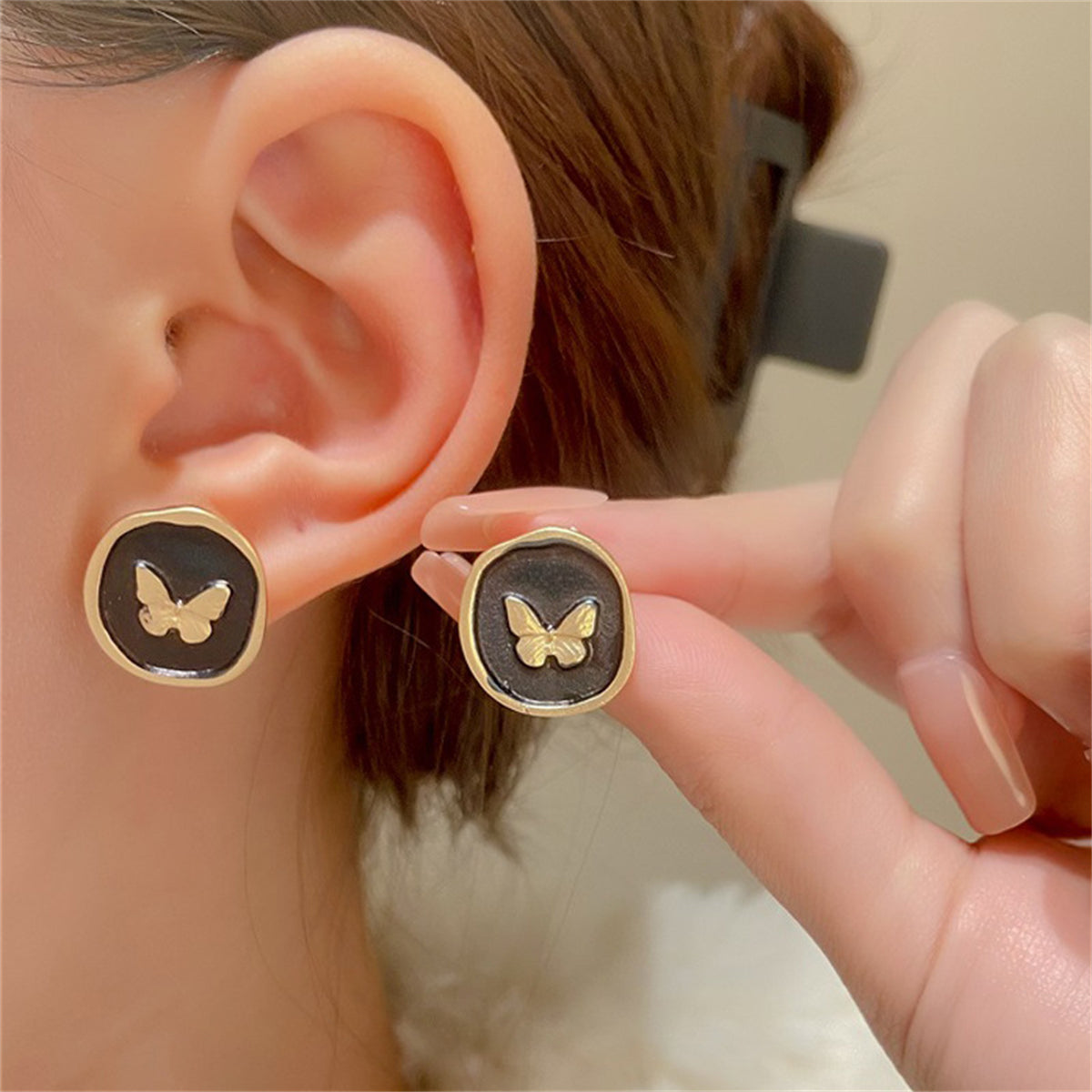 Black Enamel & 18K Gold-Plated Butterfly Stud Earrings