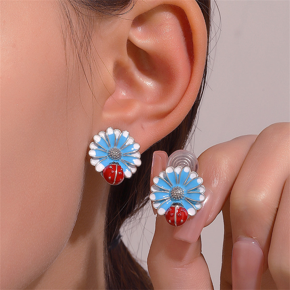 Blue Enamel & Silver-Plated Floral Ladybug Stud Earrings