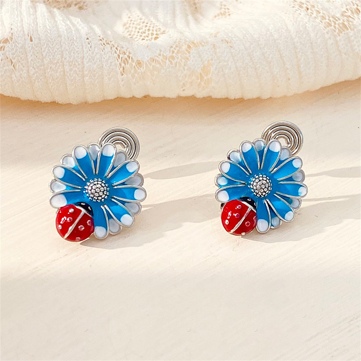 Blue Enamel & Silver-Plated Floral Ladybug Stud Earrings