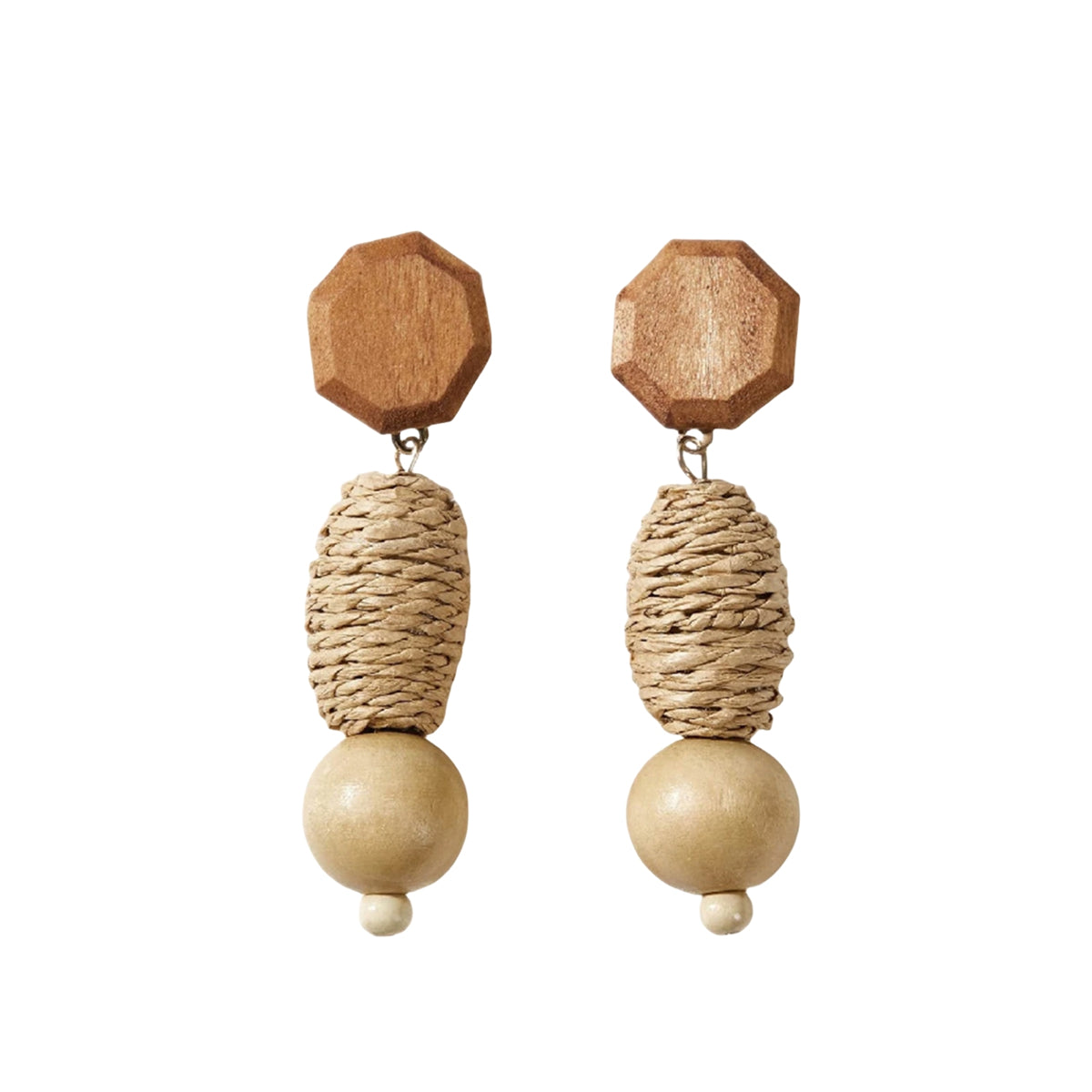 Wood & Rattan Geometric Tiered Drop Earrings