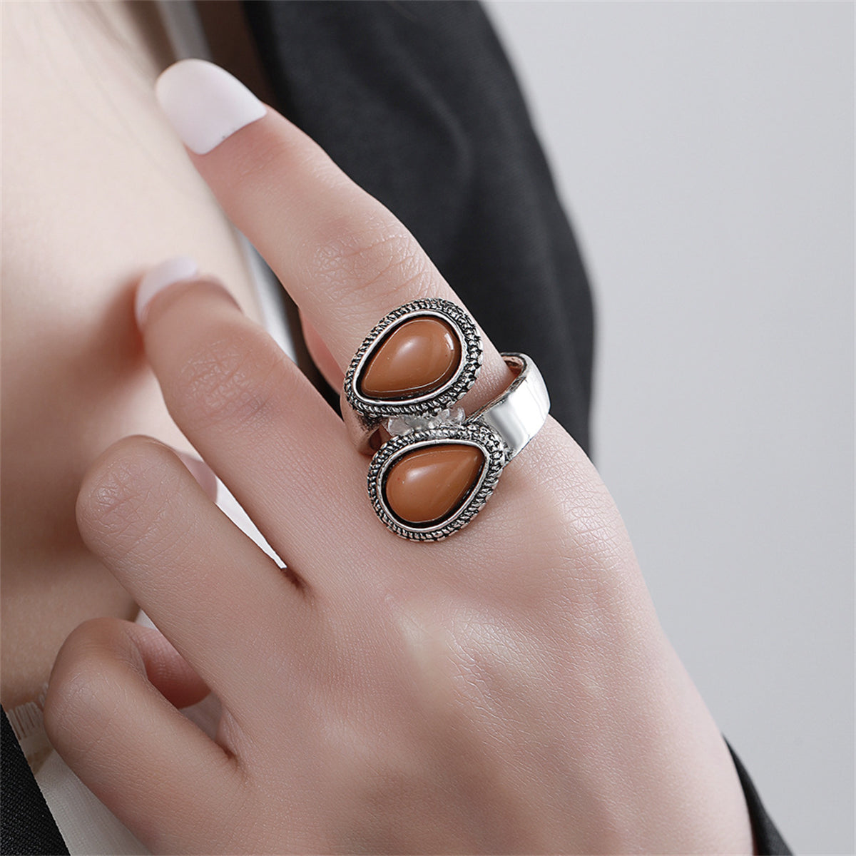 Orange Resin & Silver-Plated Drop Open Ring