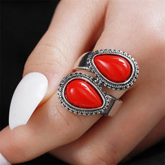 Red Resin & Silver-Plated Drop Open Ring