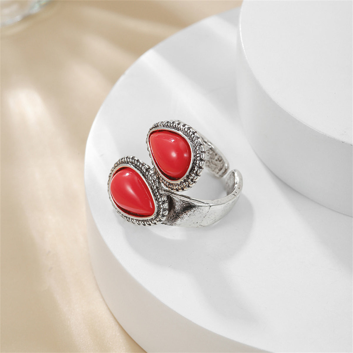 Red Resin & Silver-Plated Drop Open Ring