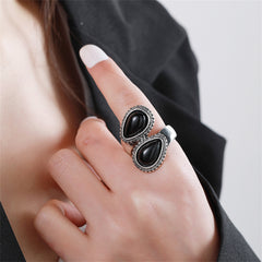 Black Resin & Silver-Plated Drop Open Ring