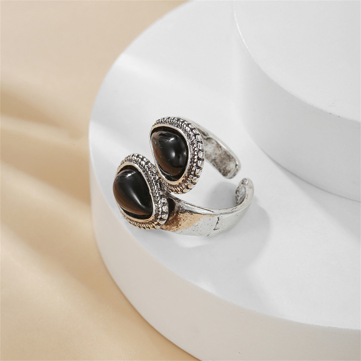 Black Resin & Silver-Plated Drop Open Ring