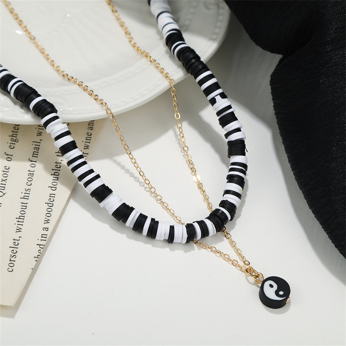 Black & White Polymer Clay Yin-Yang Pendant Necklace Set