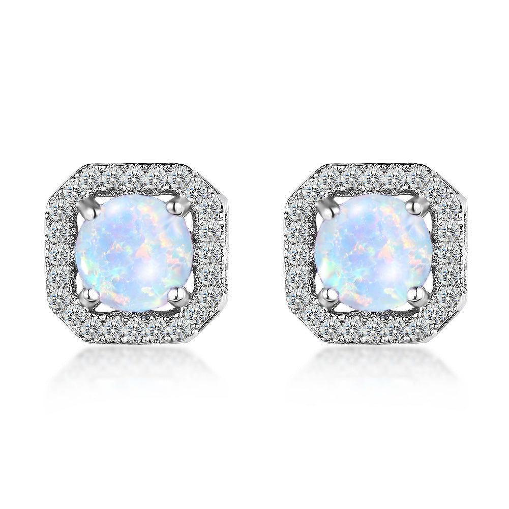 Opal & Cubic Zirconia Round Cushion Stud Earrings