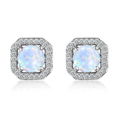 Opal & Cubic Zirconia Round Cushion Stud Earrings