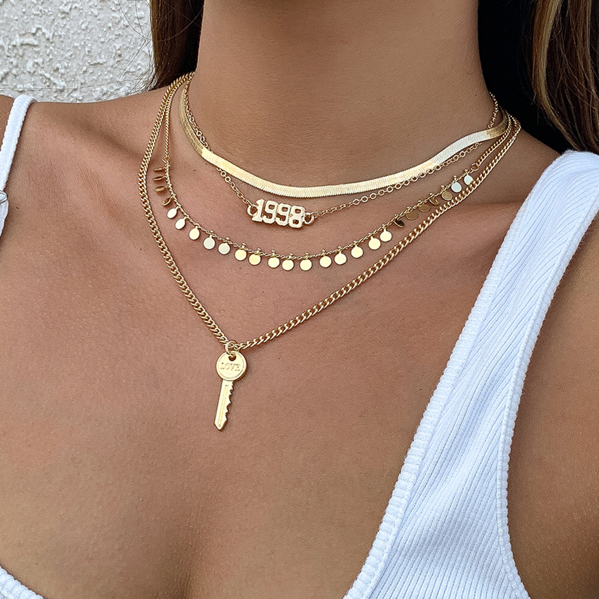 18K Gold-Plated 'Love 1998' Key Snake Chain Pendant Necklace Set