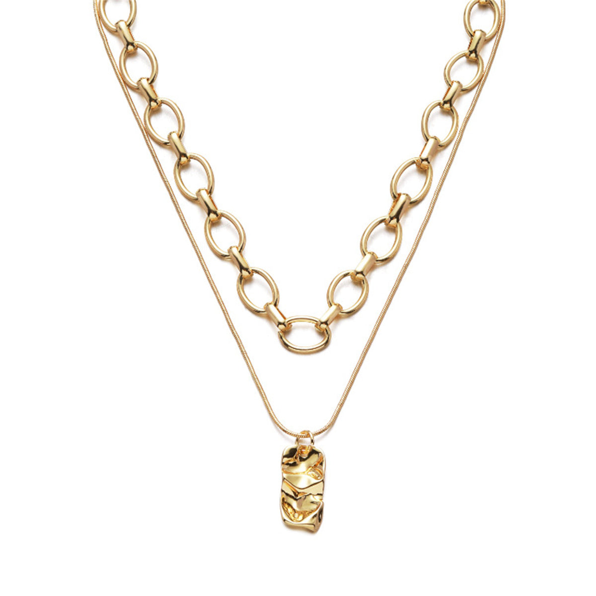 Elegant 18K gold-plated chain necklace featuring a rectangle pendant adorned with a small gold stone for a chic look.