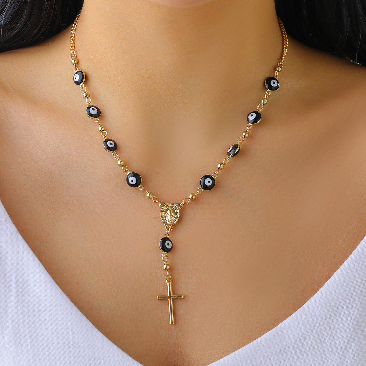 Black Acrylic & 18K Gold-Plated Evil Eye Cross Pendant Necklace