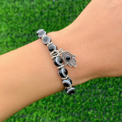 Black Acrylic & Silver-Plated Evil Eye Hamsa Charm Bracelet