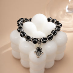 Black Acrylic & Silver-Plated Evil Eye Hamsa Charm Bracelet