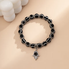 Black Acrylic & Silver-Plated Evil Eye Hamsa Charm Bracelet