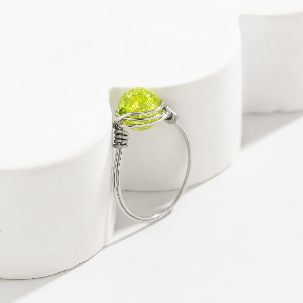 Green Acrylic & Silver-Plated Wire-Wrapped Ball Ring