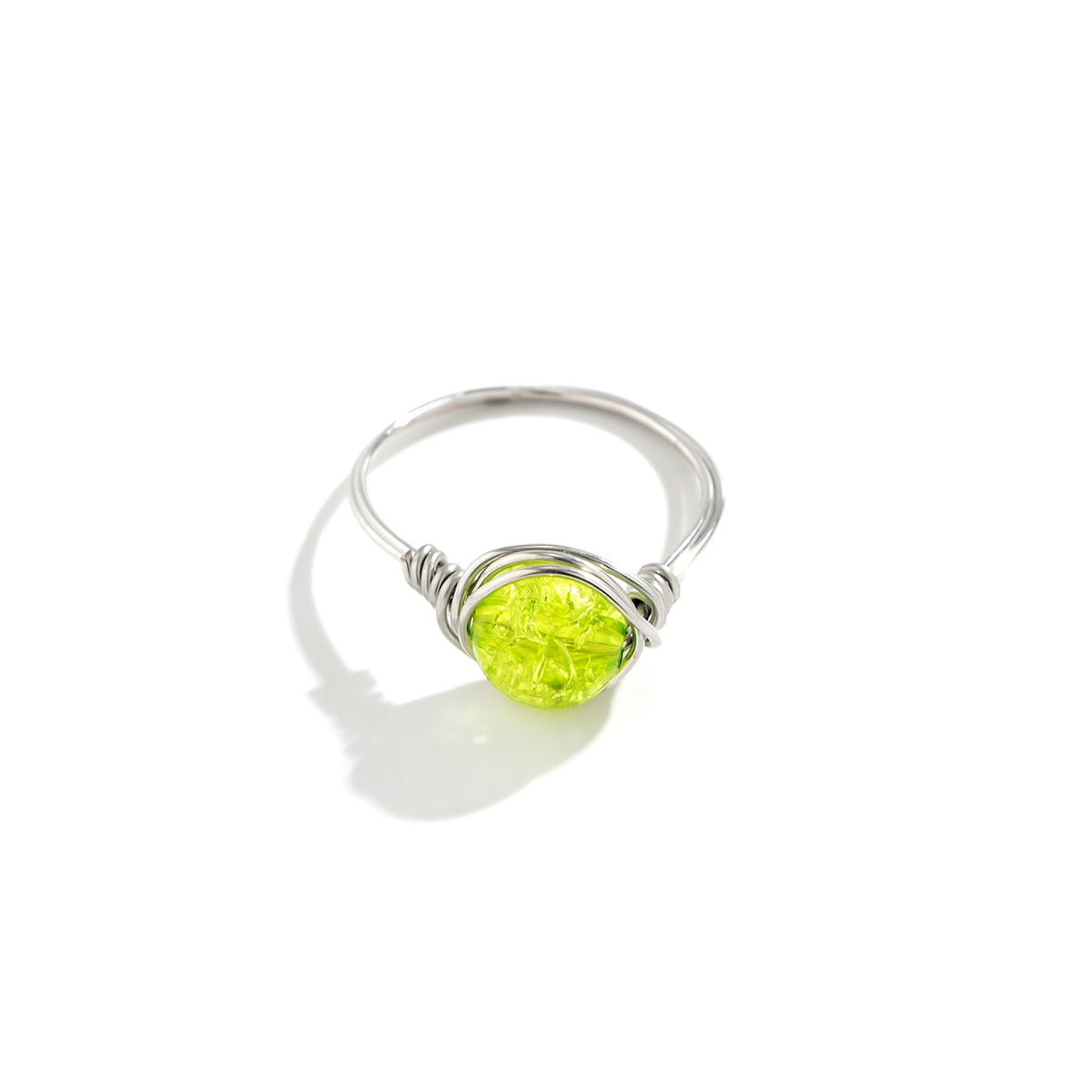 Green Acrylic & Silver-Plated Wire-Wrapped Ball Ring