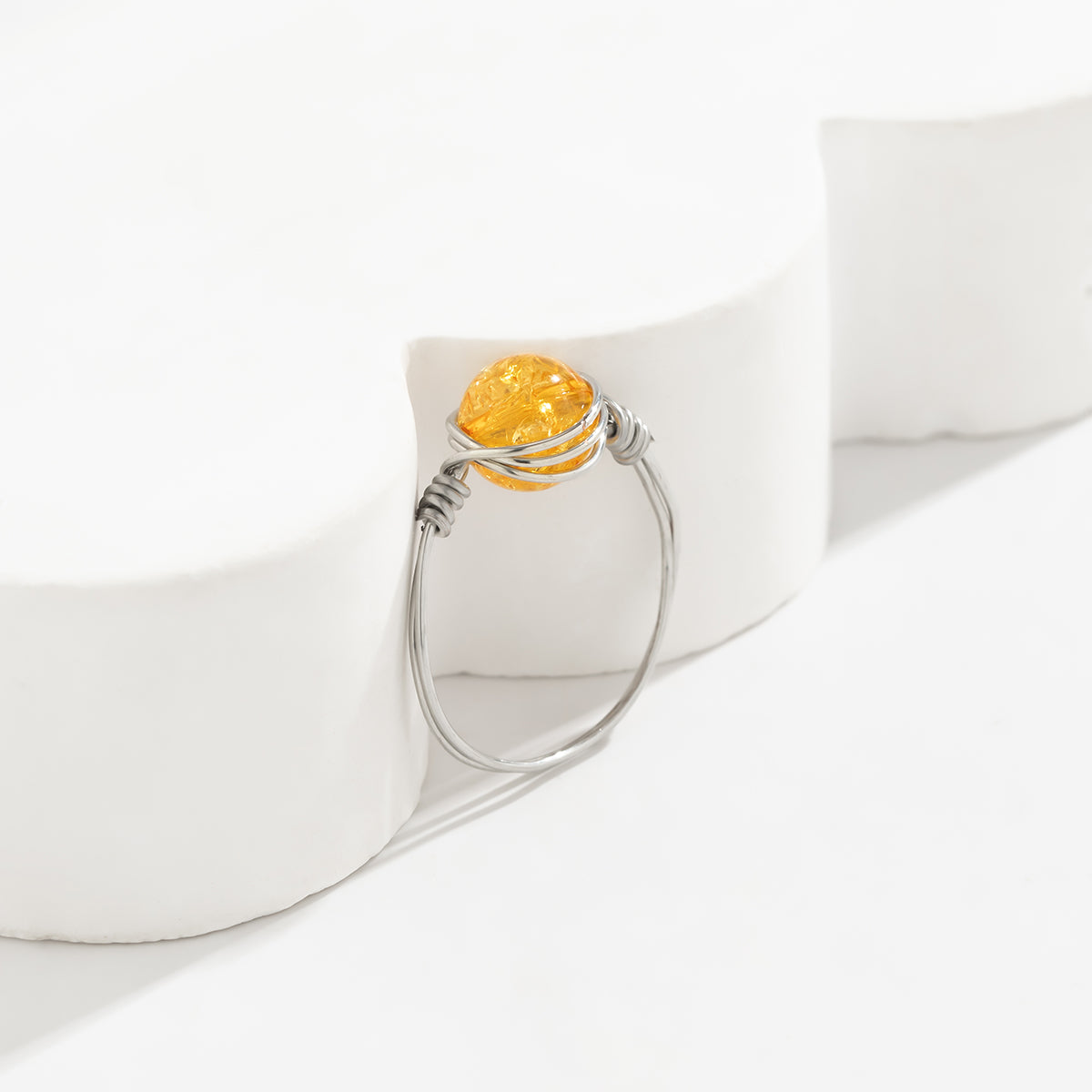 Orange Acrylic & Silver-Plated Wire-Wrapped Ball Ring