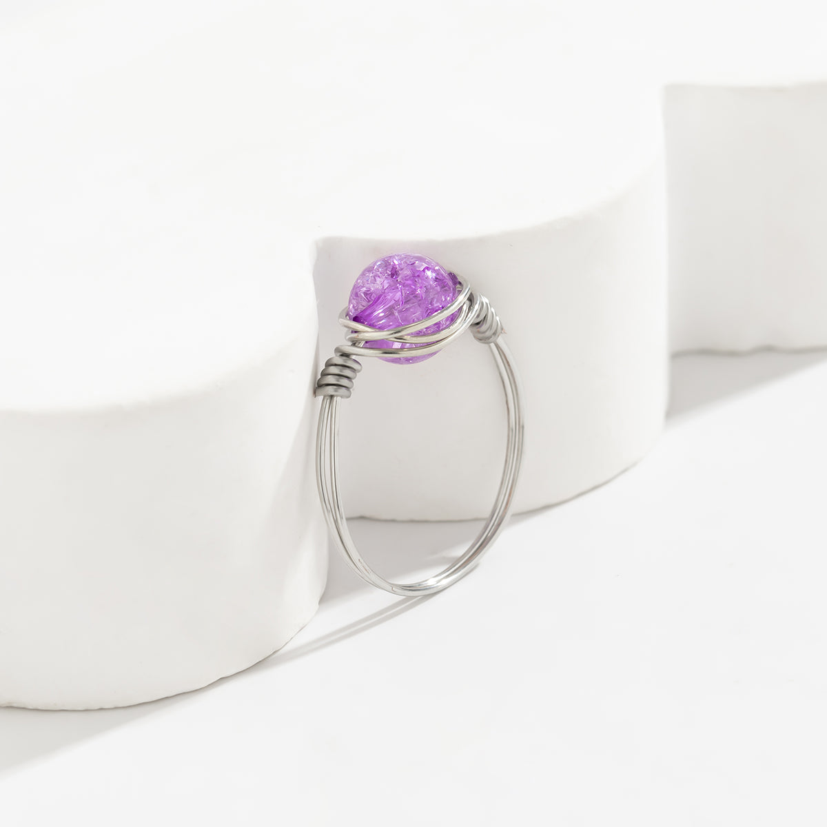 Purple Acrylic & Silver-Plated Wire-Wrapped Ball Ring