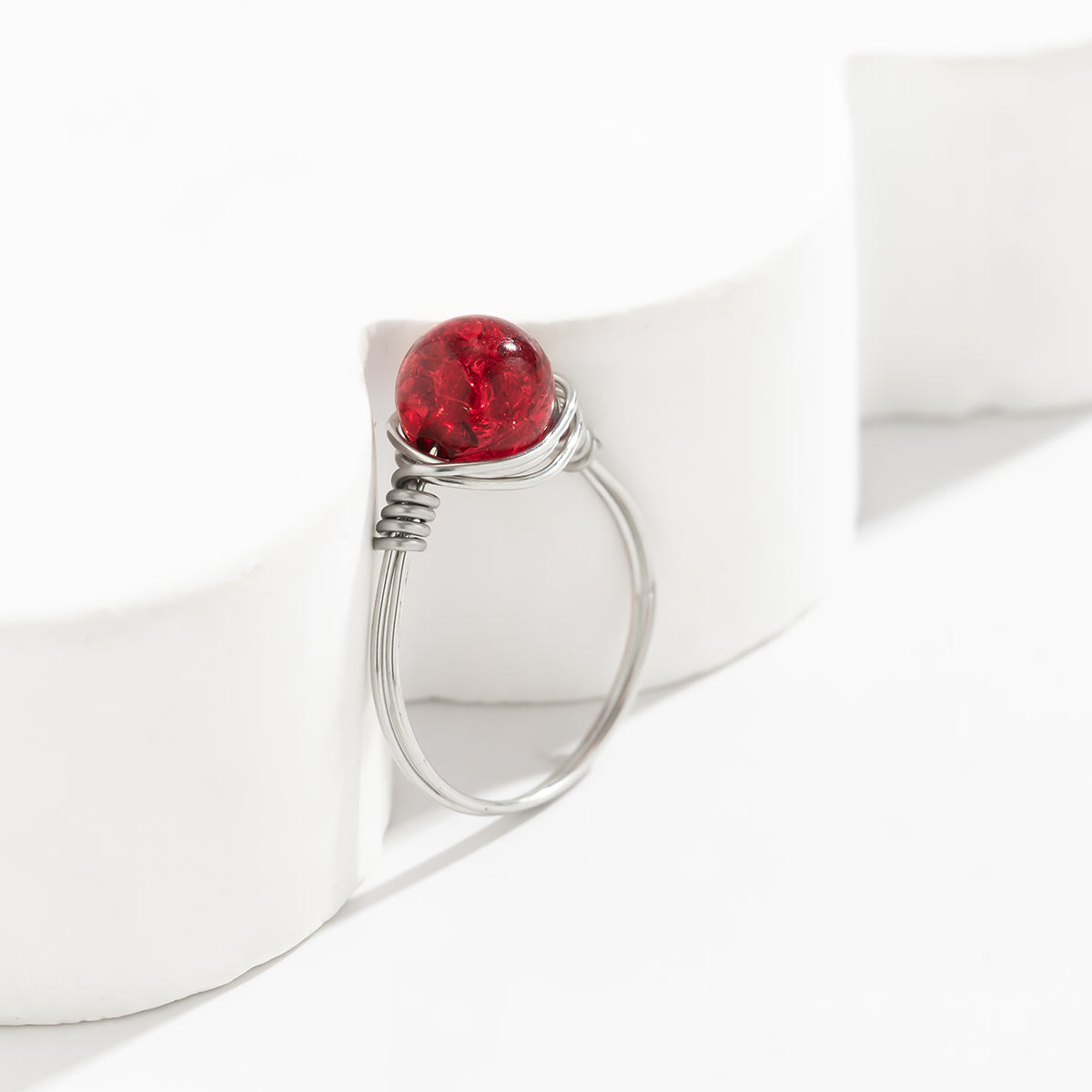 Red Acrylic & Silver-Plated Wire-Wrapped Ball Ring