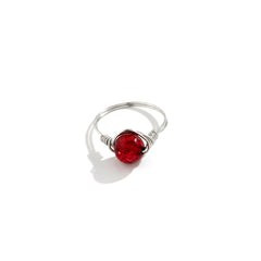 Red Acrylic & Silver-Plated Wire-Wrapped Ball Ring