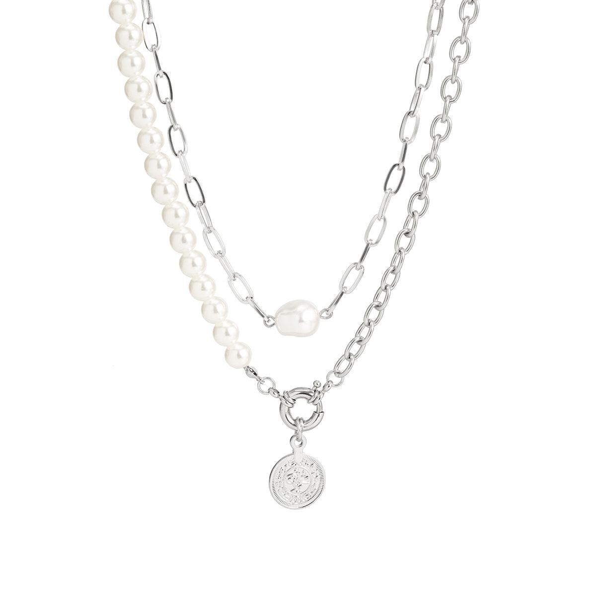 Pearl & Silver-Plated Coin Pendant Necklace Set