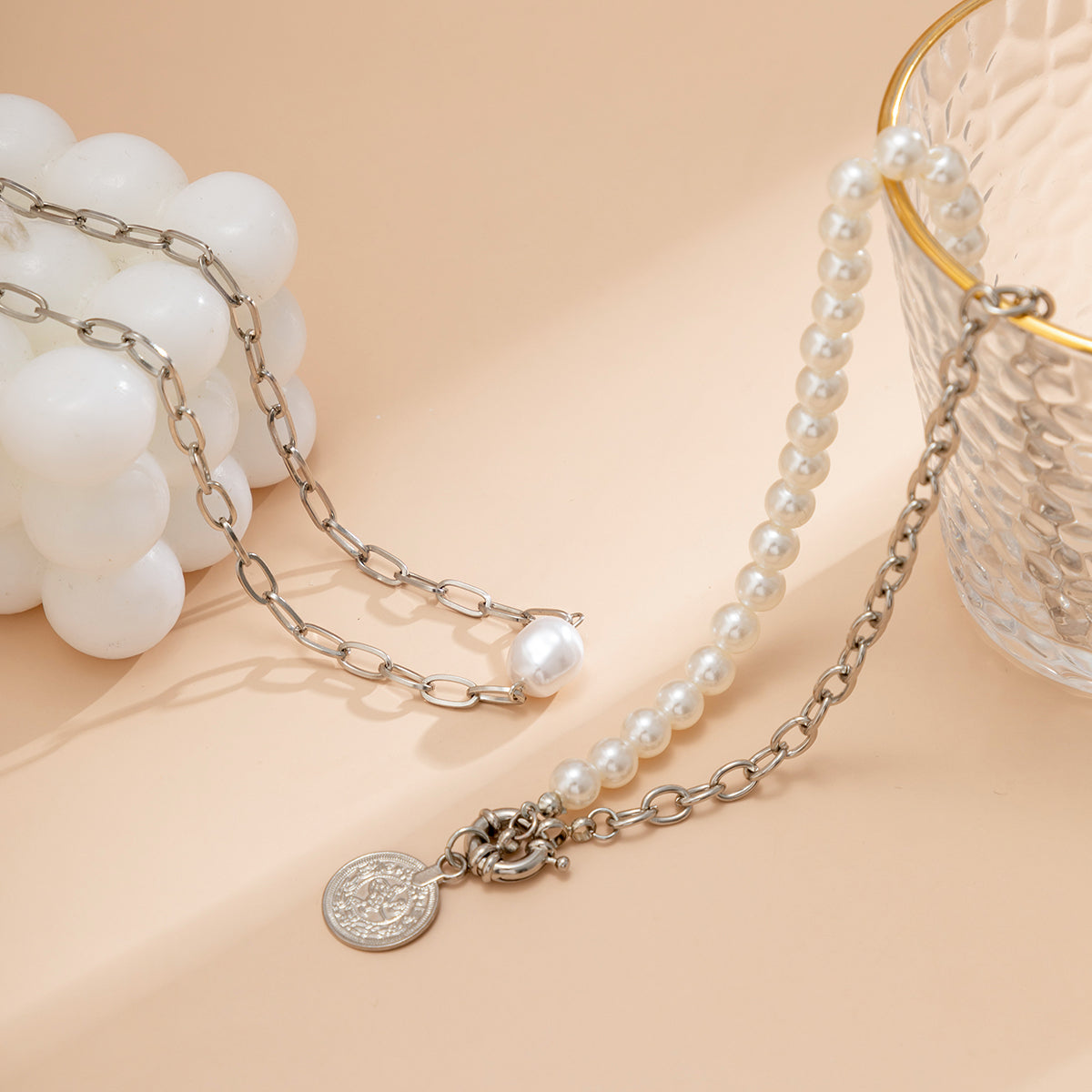 Pearl & Silver-Plated Coin Pendant Necklace Set