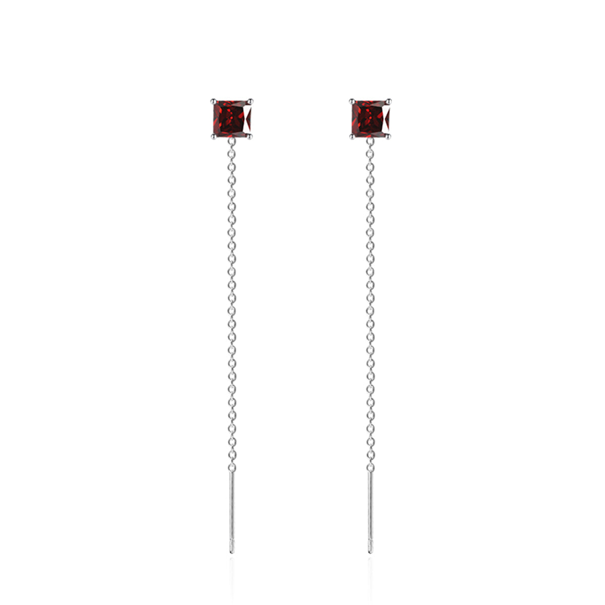 Red Crystal & Silver-Plated Cube Threader Earrings